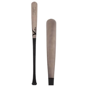 Two views of a light wood baseball bat with a black handle, Victus V-CUT logo, and barrel detail.