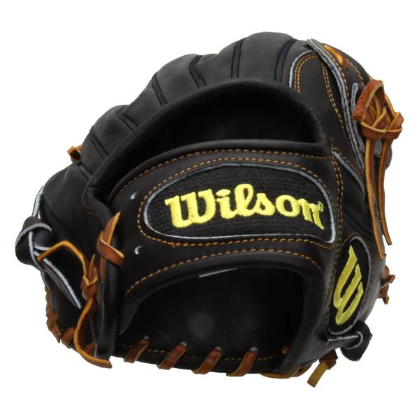 Front view of a black baseball glove with yellow Wilson branding and brown lacing.
