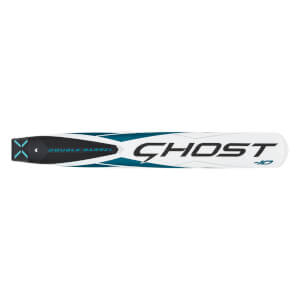 Side view of a white and black fastpitch softball bat with GHOST -10 branding, teal accents, and DOUBLE BARREL text.