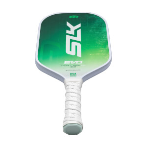 Front view of a green and white pickleball paddle with SLK logo, EVO CONTROL 2.0 text, and USA mark.