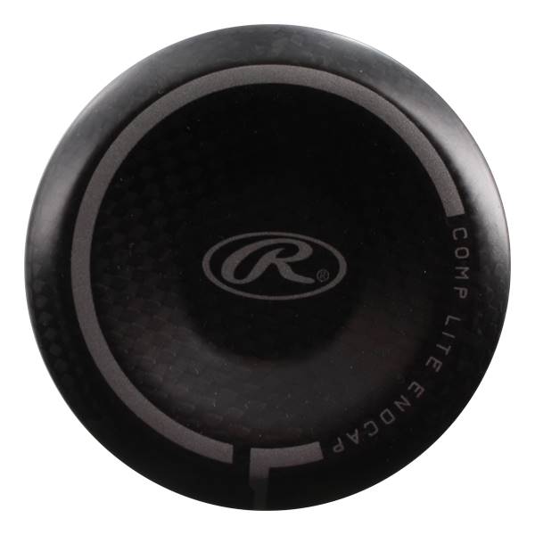 Top-down view of a black baseball bat endcap with a Rawlings logo and COMP LITE ENDCAP text.