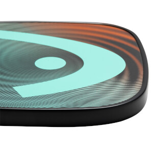 Corner view of a black pickleball paddle with a teal HEAD logo and orange swirl design.