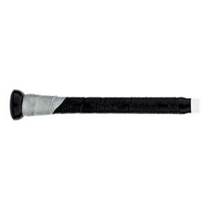 Side view of a black baseball bat with a silver patterned grip and black textured grip.