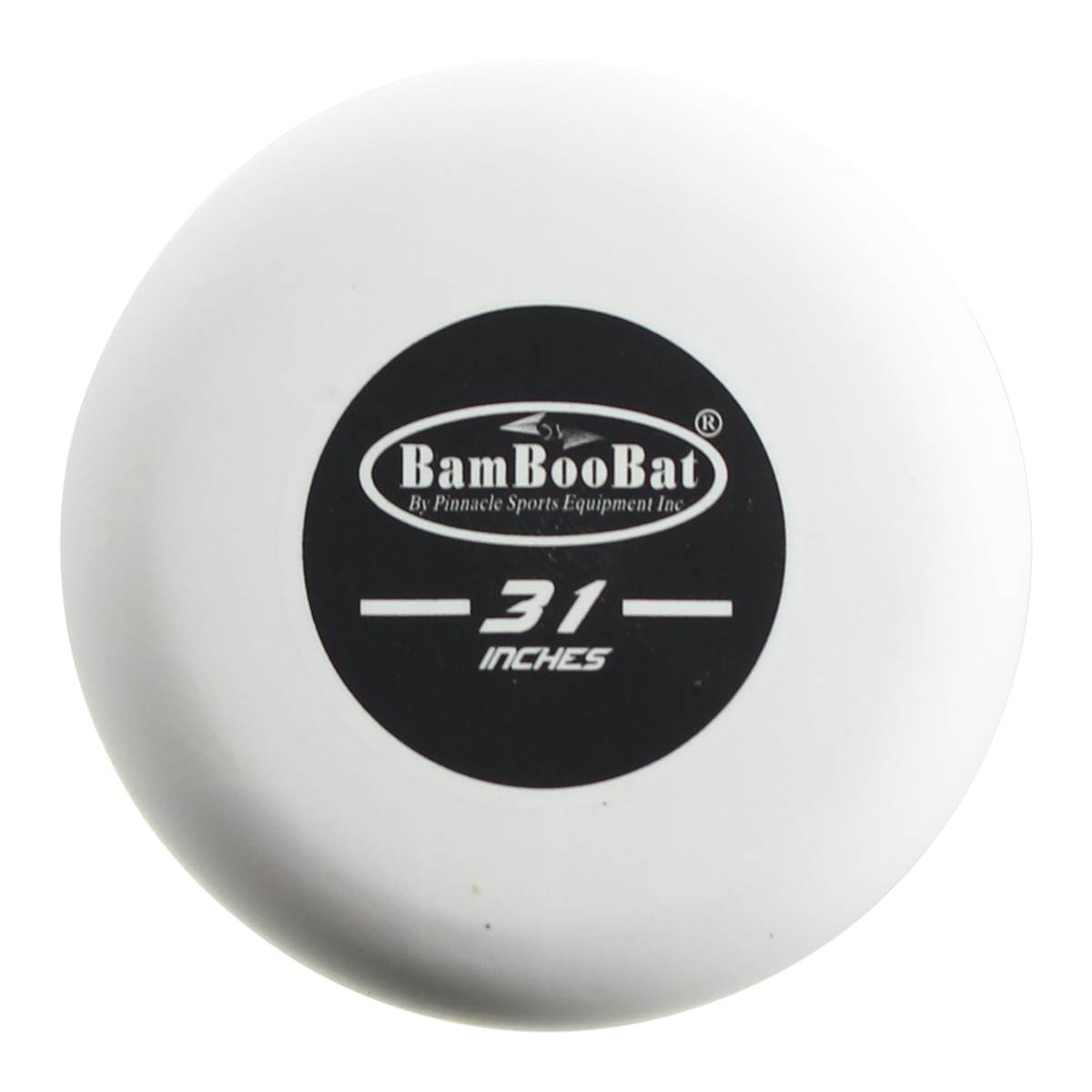End view of a white baseball bat with a black circular logo and 31 INCHES text.