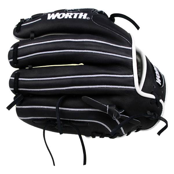 Top-down view of a black Worth Liberty Advanced Series glove with white stitching and lacing.