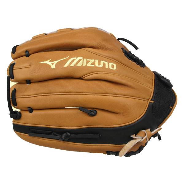 Side view of a tan baseball glove with black accents and gold Mizuno branding.