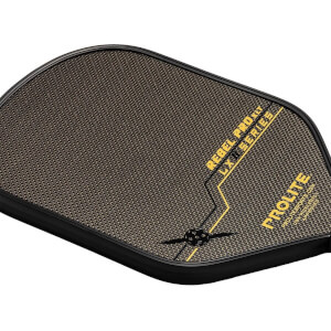 Top-down view of a black pickleball paddle with a textured surface, yellow REBEL PRO XLT LX II SERIES text, and PROLITE logo.
