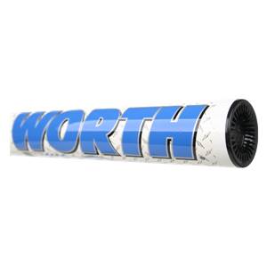 Side view of a white softball bat with blue WORTH lettering and a black end cap.