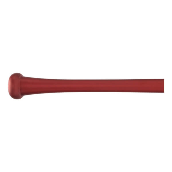 Side view of a red baseball bat with a rounded knob.