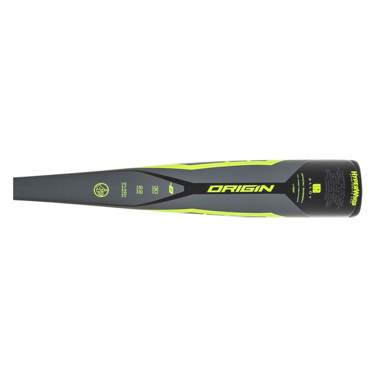 Top-down view of a gray and yellow baseball bat with ORIGIN and HYPERWHIP branding.