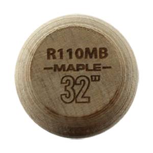 End view of a light brown wood baseball bat with R110MB, -MAPLE-, and 32 engraved.