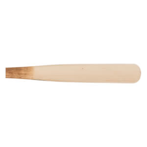 Side view of a light wood baseball bat with a darkened barrel end.