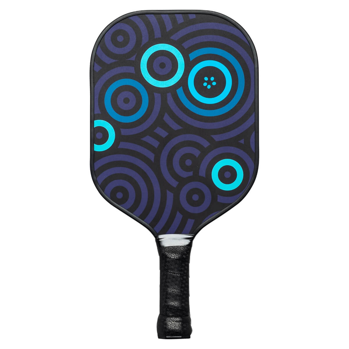 Front view of a dark purple pickleball paddle with a blue concentric circle pattern and black grip.