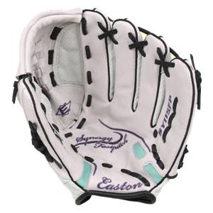 Front view of a white fastpitch glove with black lacing, Synergy Fastpitch script, and Easton text.