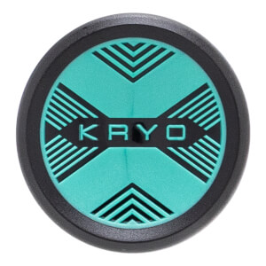Top-down view of the circular end cap featuring a teal and black geometric design with the word KRYO centered in a black bar.