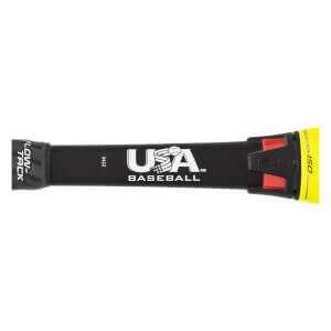 Close-up of a black baseball bat handle with USA BASEBALL logo, FLOW-TACK text, and yellow end cap.