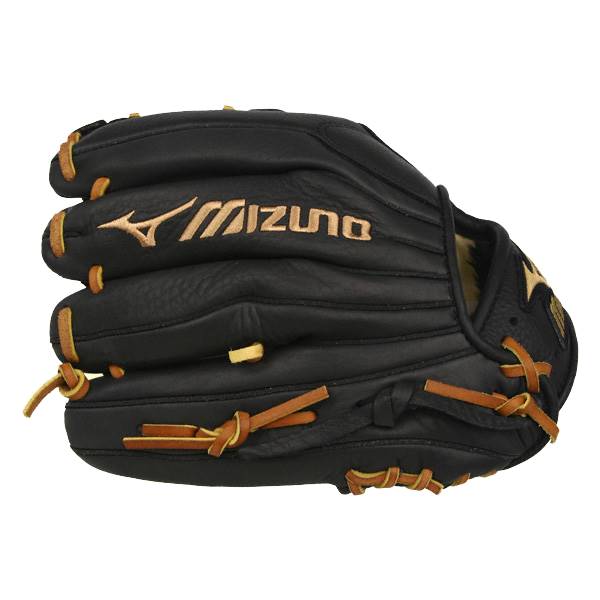 Side view of a black baseball glove with tan lacing and a gold Mizuno logo.