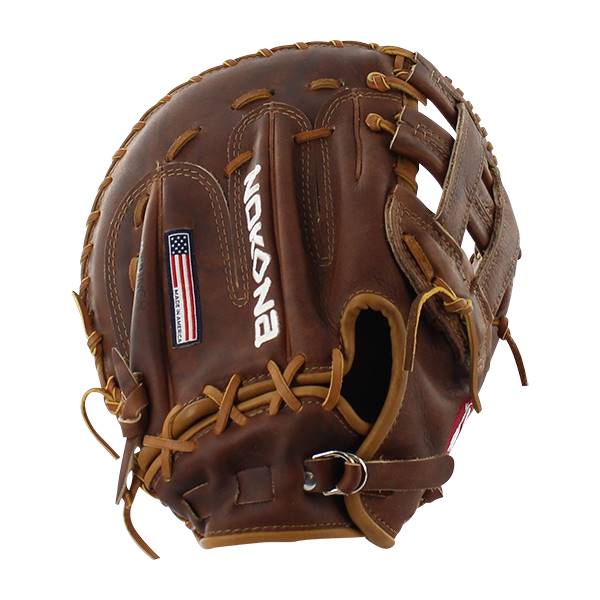 Front view of a brown Nokona first base mitt with white NOKONA text and an American flag patch.