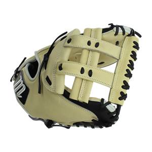 Side view of a tan catchers mitt with black lacing and a white m logo.