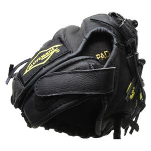 Side view of a black baseball glove with yellow GLOVESMITH and PAD text.