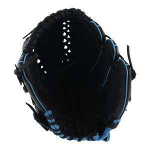 Inside view of a black fastpitch glove with blue lacing and a perforated web.