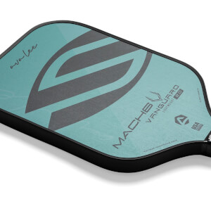 Top-down view of a teal pickleball paddle with a large grey V-shaped graphic, MACH6 VANGUARD 2.0 text, and ava lee signature.