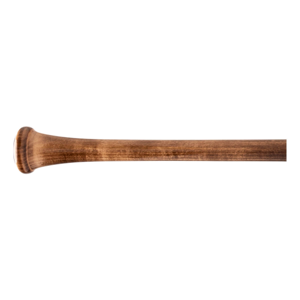 Close-up of a brown baseball bat with a flared knob and visible wood grain on the tapering handle.