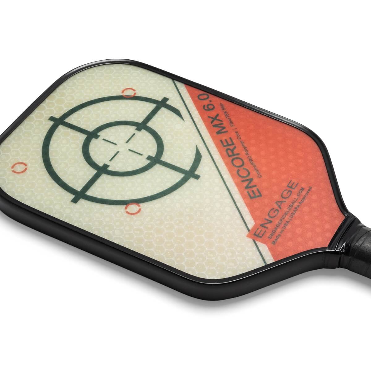 Top-down view of a white pickleball paddle with a target design and ENGAGE ENCORE MX 6.0 text.