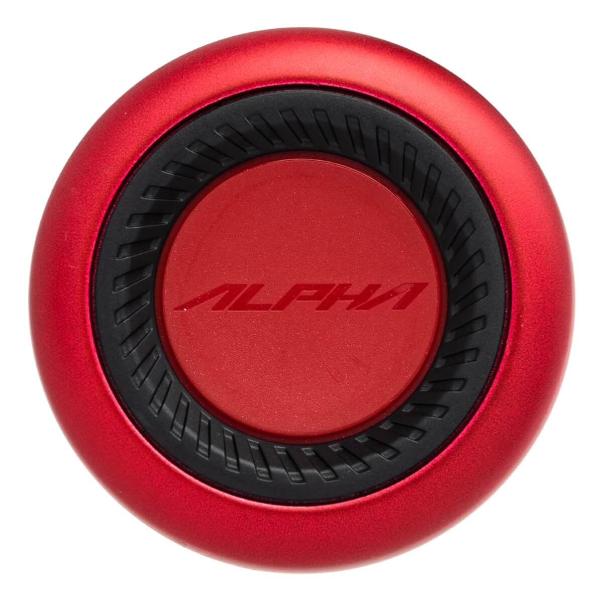 Top-down view of a red baseball bat end cap with ALPHA text and a black textured ring.