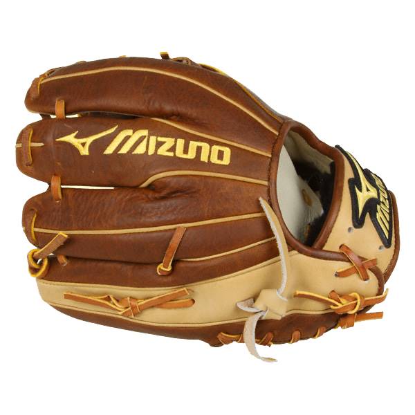Side view of a brown and tan baseball glove with yellow Mizuno branding and tan lacing.