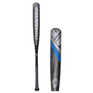 Side view of a gray baseball bat with blue accents and DeMarini text.
