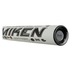Side view of a white Miken bat with black lettering and a black end cap.