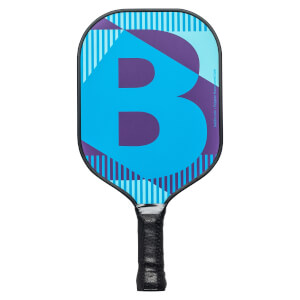 Front view of a blue and purple pickleball paddle with a large B graphic and striped border.