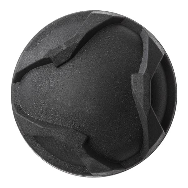 Top-down view of a black baseball bat end cap with a textured, multi-faceted design.