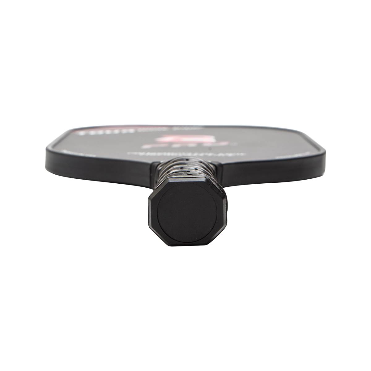 Bottom view of a black pickleball paddle with an octagonal grip and textured surface.