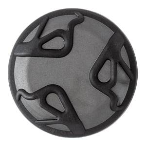 Top-down view of a circular gray bat end cap featuring three raised black flame-like designs arranged symmetrically around the center.