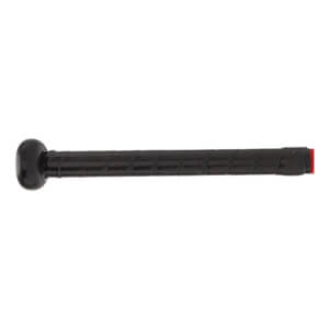 Side view of a black fastpitch softball bat with a textured grip and red end cap.