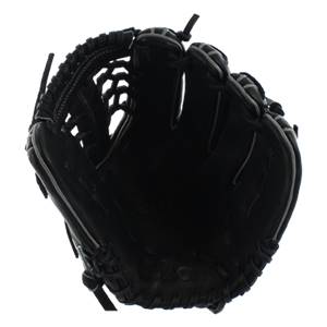 Top-down view of a black baseball glove with white stitching and a webbed pocket.