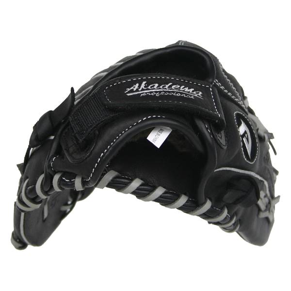 Top-down view of a black baseball glove with white stitching and Akadema logo.