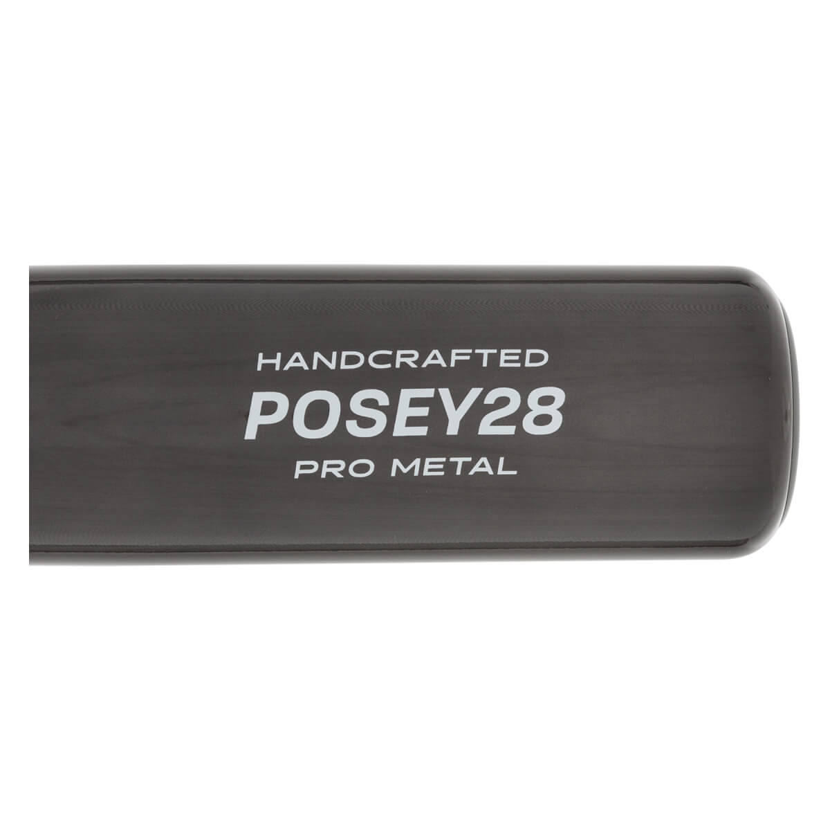 Close-up of a dark gray baseball bat with HANDCRAFTED POSEY28 PRO METAL text.