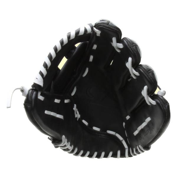 Front view of a black baseball glove with white stitching and a webbed palm.