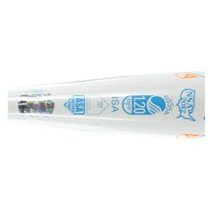 Side view of a white fastpitch softball bat with ASA, ISA, 1.20 BPF, USSSA, and NSA 2012 logos.