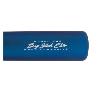 Side view of a blue baseball bat with Big Stick Elite and WOOD COMPOSITE text.