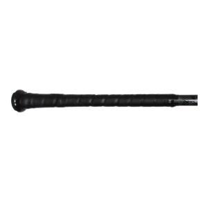 Side view of a black baseball bat with a textured grip and silver accents.