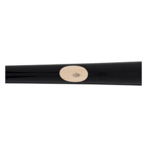 Close-up of a black baseball bat with an oval wood-grain patch on its smooth surface.
