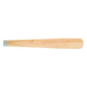 Side view of a natural wood baseball bat with a light blue handle tip and visible wood grain.