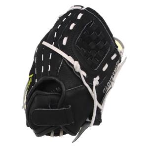 Side view of a black baseball glove with white stitching and a woven pocket.
