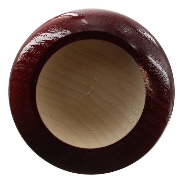 Top-down view of a dark red baseball bat with a natural wood interior.