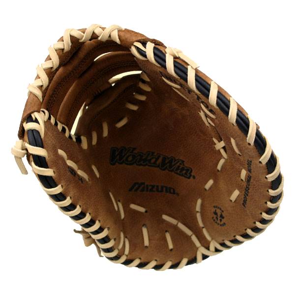 Top-down view of a brown Mizuno World Win Series baseball glove with tan lacing and black trim.