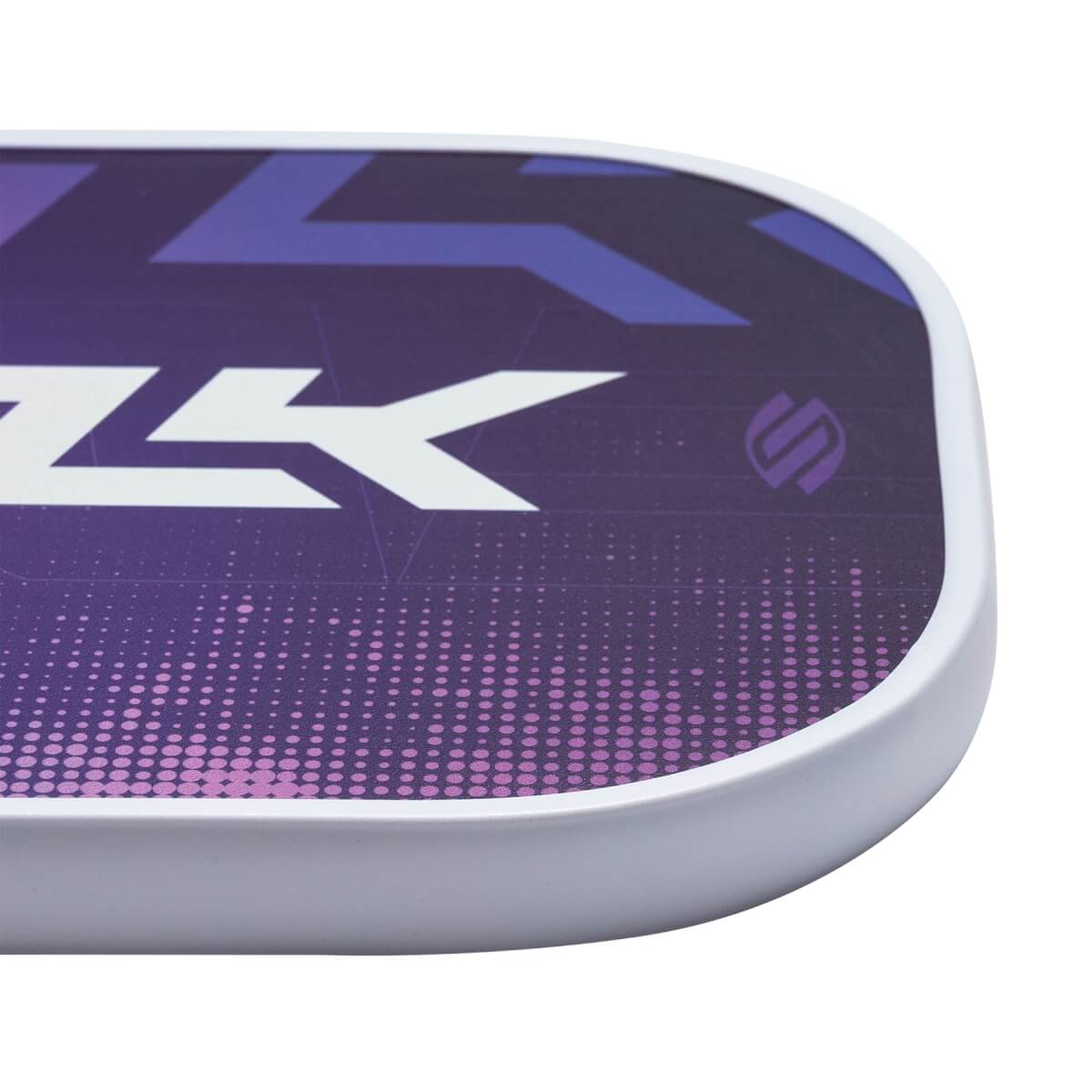 Corner view of a purple pickleball paddle with white SLK text and a small S logo.